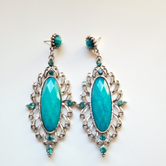 Vintage Style Silver Tone and Turquoise Stone Chandelier Earrings - Post-Back - Picture 2 of 6